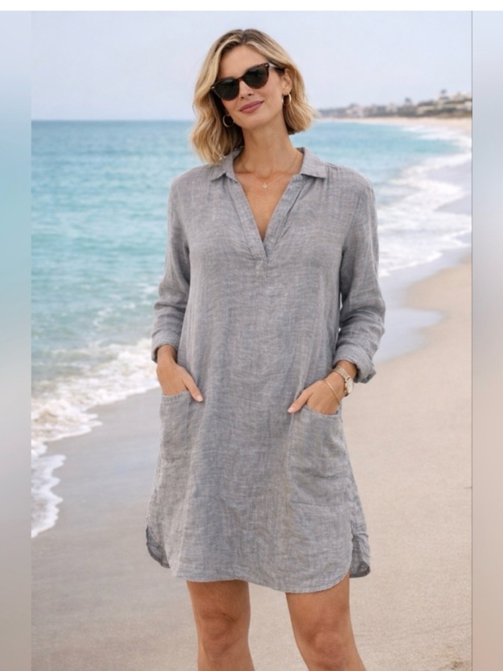 C&C California Womens Grey Button-Down Linen Tunic cover up /dress NWT